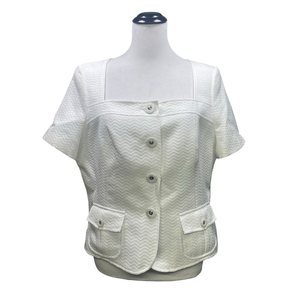 Vtg Le Suit Petite White Short Sleeve Top Womens 16P Square Neck Career Classic